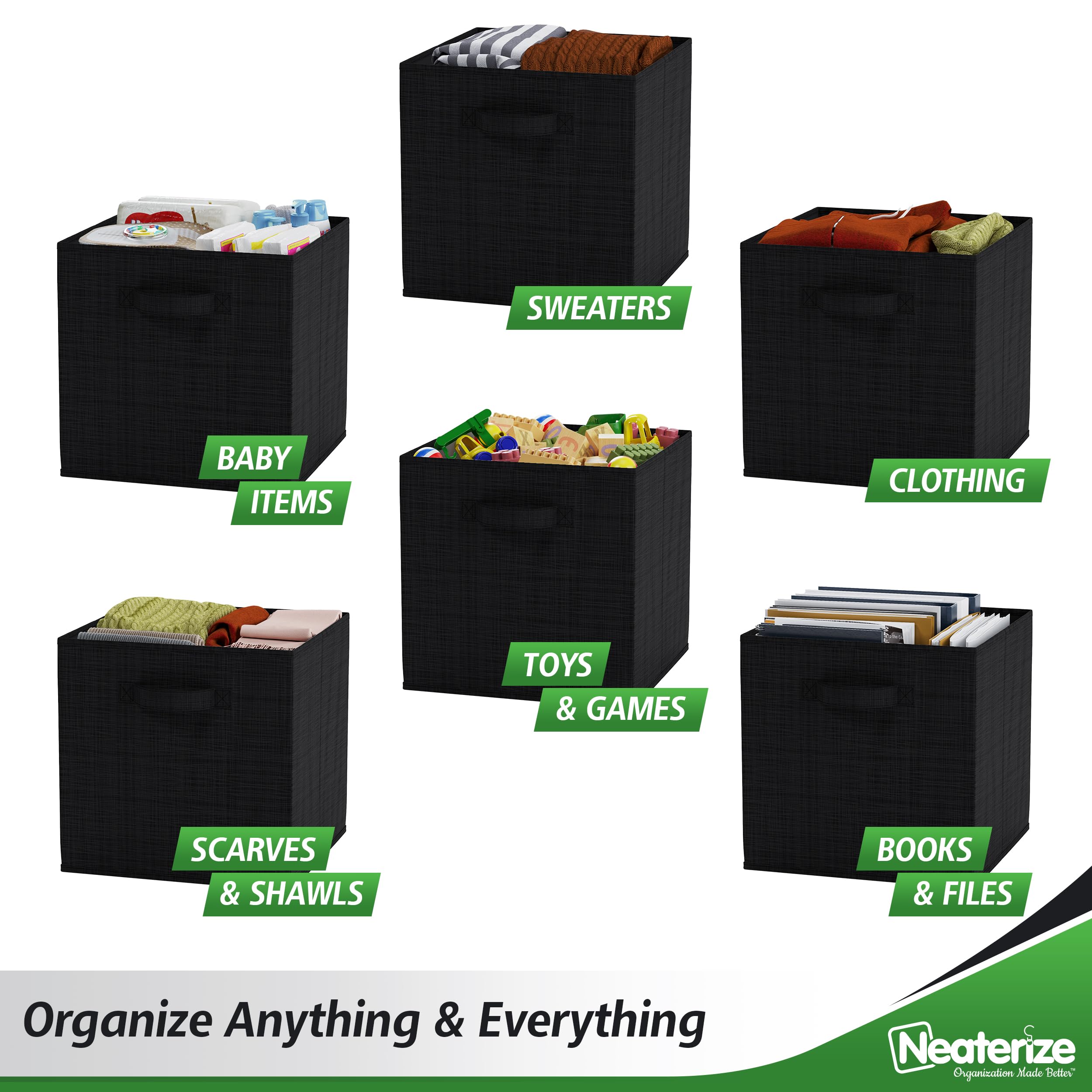 Fabric Storage Cubes For Cube Organizer - 6 Pack Heavy Duty Textured Black Storage Bins - 13 Inch Cube Storage Bin, Use As A Clo
